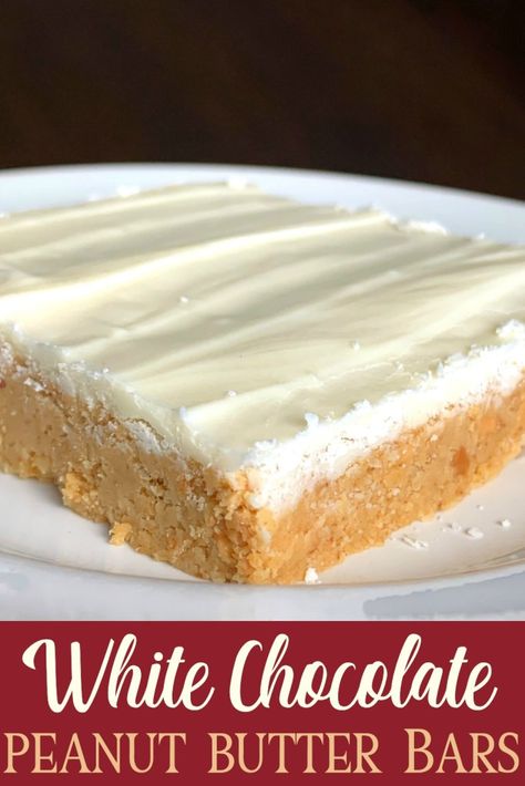 White Chocolate Peanut Butter Bars taste like a white chocolate peanut butter cup.  This is one of the BEST no-bake dessert recipes that only has 6 ingredients and can be made in 10 minutes at home. A sweet, crunchy peanut butter and graham cracker base topped with melted white chocolate is simply irresistible! #easydessert #whitechocolate White Chocolate Recipes Easy, White Chocolate Peanut Butter, Peanut Butter White Chocolate, White Chocolate Desserts, Chocolate Peanut Butter Bars, Melted White Chocolate, White Chocolate Frosting, White Chocolate Recipes, Chocolate Recipes Easy