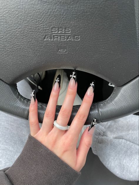 chrome heart 
nails
acrylic nails 
fall nails
gel x nails Short Nails Chrome Hearts, Almond Chrome Heart Nails, Nail Inspo Chrome Hearts, Chrome Hearts Nails Almond, Chrome Hearts Inspired Nails, Almond Nails With Cross, Chrome Hearts Nails Designs, Short Chrome Hearts Nails, Nails With Chrome Heart