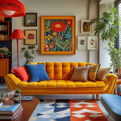 The Art of Mixing Styles in a Mid Century Modern Eclectic Living Room • 333+ Art Images Colourful Mcm Living Room, Colorful Mid Mod Living Room, Mid Century Eclectic Living Room Sofas, Mod Century Modern Home, Mid Century Modern Living Room Yellow, Colorful Mid Century Modern Living Room, Mid Century Modern Yellow Couch, Eclectic Mid Century Modern, Mid Century Modern Eclectic