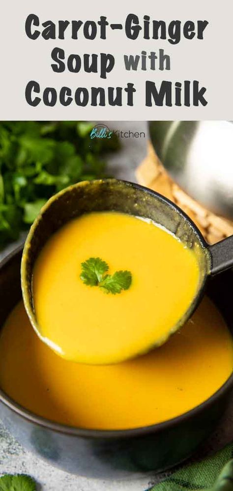 Deliciously complex in flavor --- that's what you'll get in every serving of this creamy Carrot Ginger Soup with Coconut Milk. Slightly sweet, slightly spicy, and it only takes thirty minutes to prepare! Carrot Ginger Coconut Milk Soup, Carrot Ginger Soup Coconut Milk, Carrot Ginger Coconut Soup, Soup With Turmeric, Carrot Ginger Soup Recipe, Soup With Coconut Milk, Coconut Milk Soup, Carrot Ginger Soup, Ginger Soup