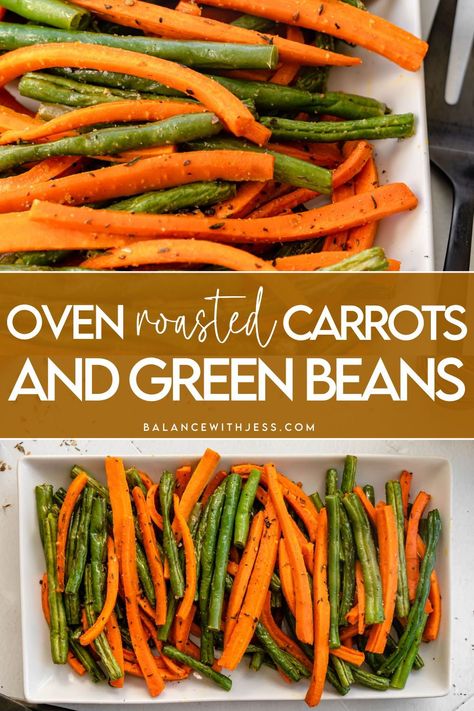 Need easy vegetable side dishes for a crowd? Try these oven roasted carrots and green beans! Made with 5 ingredients, these sheet pan roasted vegetables are ready to go in 20 minutes. Pair with your favorite chicken or ground beef recipes and enjoy. Roasted Green Beans And Squash, Side Healthy Dishes, Roasted Green Beans And Carrots Recipes, Healthy Fresh Green Bean Recipes, Roasted Carrots And Green Beans Oven, Roasted Beans And Carrots, Green Bean Sides For Thanksgiving, Carrots And Green Beans Roasted, Green Bean Carrot Side Dish