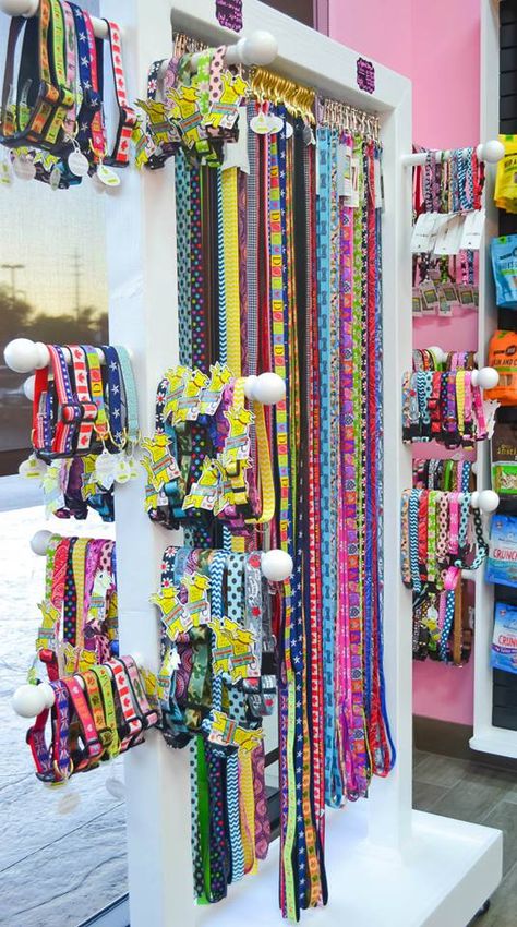 Grab a new leash and color to switch up your pet's style today! Check out all of our accessories here at Woof Gang Bakery Henderson. Pet Store Design, Pet Store Ideas, Grocery Store Design, Collars And Leashes, Boutique Display, Dog Store, Craft Show Displays, Pet Boutique, Dog Boutique