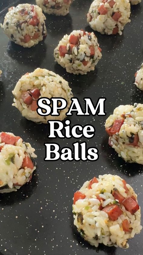 Vince Vasquez | SPAM rice balls using @spambrand cut into tiny pieces is a great snack for on-the-go or for a party. Binded together with a little kewpie... | Instagram Spam And Seaweed Recipe, Spam Musubi Appetizer, Spam Rice And Seaweed Bowl, Spam Rice Balls Recipe, Spam Musubi Rice Balls, Mini Spam Musubi, Spam Musubi Balls, Ways To Use Kewpie Mayo, Spam Rice And Seaweed