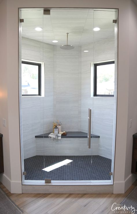 Corner Shower Ideas With Window, Corner Shower With Dual Shower Heads, Corner Shower With Two Shower Heads, Corner Shower With Window Master Bath, Shower Near Window, Bathroom Windows In Shower Ideas, Corner Shower Double Head, Master Bath With Corner Windows, Corner Master Shower Walk In