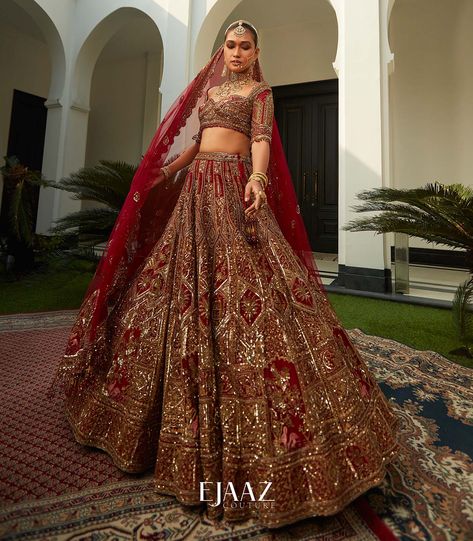 Ruby Red & Gold Lehenga Set – Ejaaz Couture Unique Indian Bridal Lehenga, Indian Dress Wedding, Ejaaz Couture, Princess Ballgown, Heavy Lehenga, Gold Lehenga, Latest Bridal Lehenga, Lehenga Red, Zardozi Work