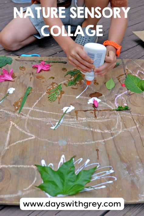 You must save and do this outdoor easy art activity for preschoolers! It's the best - the supplies are outside, the mess is contained, and the ideas are budget-friendly. Outdoor art ideas are simple, creative, and fun - a winning combination for those long days with kids at home. Gather your favorite leaves and petals for one of our favorite outdoor nature art prejects! You kids will LOVE this nature mural for kids of all ages: toddlers, preschoolers, and big kids! Nature All Around Us Preschool Activities, Preschool Outdoor Nature Activities, Nature Collage Preschool, Outdoor Messy Art, Messy Outdoor Art For Kids, Summer Preschool Activities, Free Activities For Kids, Farm Fun, Murals For Kids