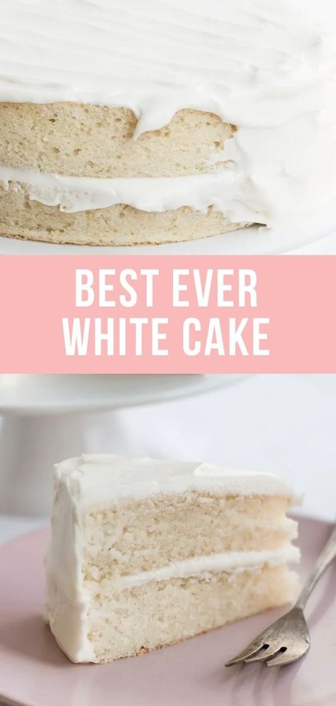 This is the ultimate white cake recipe - perfect for all upcoming birthday parties or baby showers. Tender, light, moist, and fluffy cake layers frosted with the creamiest vanilla frosting. After you try this, you won’t need any other recipe. It’s perfect as a birthday cake, wedding cake, or for any celebration. Double Layer White Cake, Mini White Cake Recipe, White Cakes Birthday, Fluffy Birthday Cake, 9 Inch Cake Recipe, Homemade White Cake Recipe, Best Cake Recipe Ever, Homemade White Cake, Fluffy White Cake