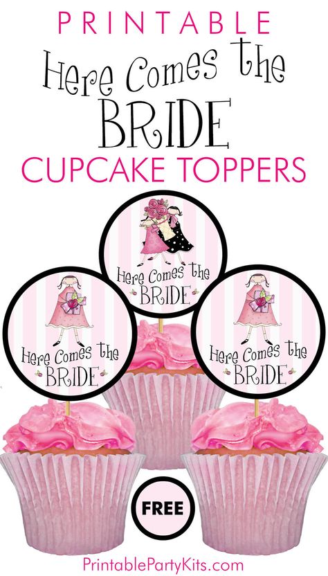 FREE Bridal Shower Cupcake Picks | These French-inspired round cupcake toppers feature cute illustrations of a bride-to-be in shades of pink holding flowers. The art is easy to use--just download, print and cut with a circle cutter.  #BridalShower #Cupcakes #FreePrintables Bridal Shower Cupcake Toppers, Bride Cupcakes, Bridal Shower Cupcakes Toppers, Bridal Shower Cake Topper, Bridal Shower Cupcakes, Container Cafe, Cupcake Images, Cupcake Decorations, Cupcake Toppers Printable