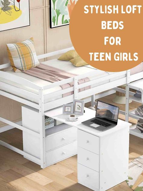 Girls Full Bed, Loft Beds For Teens, Cool Loft Beds, Girls Loft Bed, Built In Couch, Home Decor Ideas Bedroom, Low Loft Bed