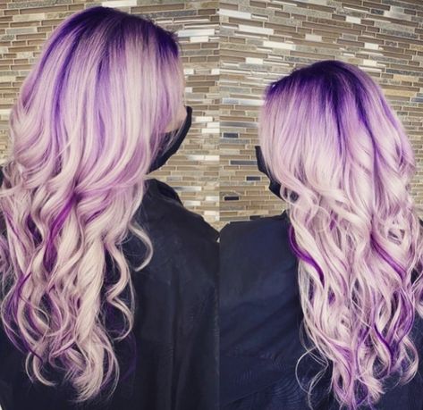 One of my all time favorites Purple Highlights Blonde Hair, Shadow Root Blonde, Hair With Purple, Purple Hair Highlights, Magenta Hair, Purple Ombre Hair, Fall Winter Hair Color, White Blonde Hair, Hair Color Burgundy