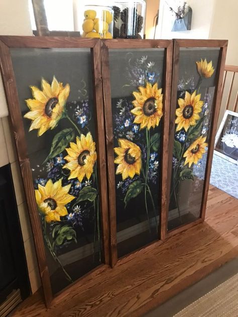 A set of 3 painyjngs 16x48 each | Etsy Sunflower Paintings, Sunflower Room, Sunflowers Art, Painting On Glass Windows, Painting Sunflowers, Painted Windows, Wall Art Country, Painting Roses, Wood Illustration