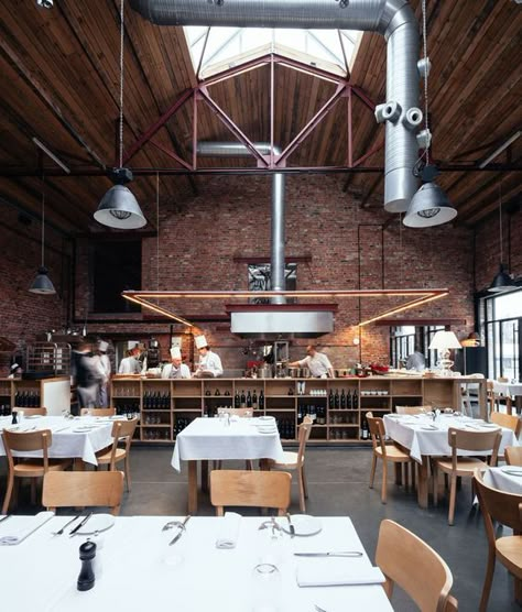 Old Factory Architecture, Old Factory Renovation, Warsaw Restaurant, Industrial Style Restaurant, Yoga Resort, Design Concept Architecture, Warehouse Renovation, Bar Restaurant Interior, Resto Bar