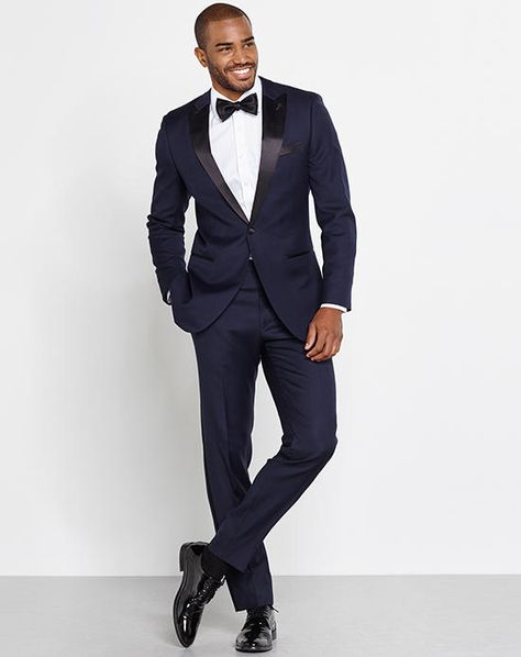 Midnight Blue Tuxedo, Cotton Dress Shirt, Black Satin Butterfly Self-Tie Bow Tie and Silver Onyx Cufflinks | The Black Tux | https://www.theknot.com/fashion/the-holden-outfit-the-black-tux-tuxedo Dark Blue Tuxedo, James Bond Suit, Navy Tux, Bond Suits, Blue Tux, Men Suits Wedding, Navy Tuxedos, Groom Suits, Wedding Tux