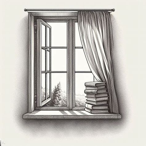 drawing of a single hung window with a stack of books on the sill and a curtain blowing out, minimalist - Image Creator from Microsoft Bing Window Design Sketch, Creepy Window Drawing, Colored Pencil Drawing Inspiration, How To Draw A Curtain, Windows Drawing Sketch, Reading Nook Drawing, How To Draw Windows, How To Draw A Window, Window Sill Tattoo