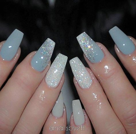 Cornstarch/pale/light/baby/pastel blue, in honor of my dad.  Cred: Flawless Dolls IG Grey Nails, Blue Acrylic Nails, Nails Prom, Acrylic Nails Coffin, Orange Nails, Prom Nails, Coffin Nails Designs, Fancy Nails, Nail Arts