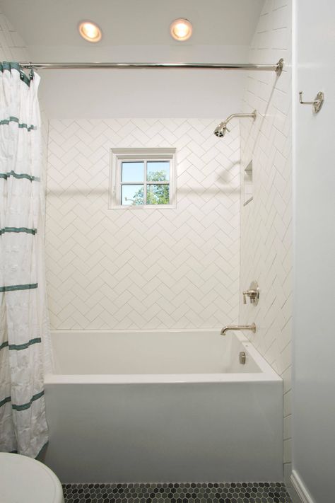 N. Arlington - Three Beautiful Baths - Traditional - Bathroom - DC Metro - by Braswell Design+Build | Houzz White Herringbone Tile Bathroom, Herringbone Tile Bathroom, Herringbone Subway Tile, White Herringbone Tile, Top Bathroom Design, Add A Bathroom, New Bathroom Designs, Modern Bathroom Cabinets, Bathroom Window