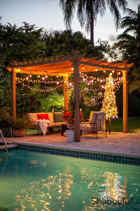 Gazebo Christmas Decorations, Pool Christmas Decor, Christmas Gazebo Decor, Gazebo Christmas Decorating Ideas, Gazebo On Deck Ideas, Gazebo Lights, Gazebo Decorating Ideas, Outdoor Gazebo Ideas, Backyard Christmas