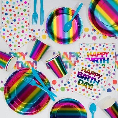 Rainbow Foil Party Supplies Collection : Target Rainbow Party Supplies, Party Supply Kits, Skate Birthday, Jojo Siwa Birthday, Rainbow Parties, Twins Birthday, Birthday Napkins, Birthday Paper, Rainbow Birthday Party