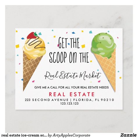 real estate ice-cream scoop referrals Announcement Client Appreciation Events, Postcard Mailer, Real Estate Marketing Strategy, Ice Cream Business, New House Announcement, Buyers Agent, Ice Cream Social, School Event, Anniversary Invitations