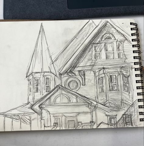 How To Draw Houses Sketches, Coraline House Drawing, Building Drawing Architecture Sketches, Coraline Drawing Sketch, House Sketch Architecture, Coraline Drawings, Coraline Sketch, Coraline Doodles, House Drawing Sketches