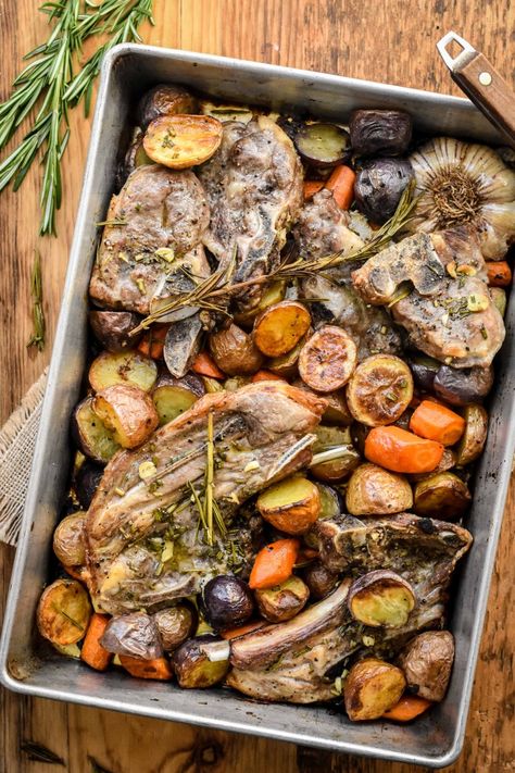 One-Pan Garlic Lamb Chops with Potatoes and Carrots - Pardon Your French French Lamb Chop Recipes, Lamb Forequarter Chops Recipes, Lamb Chop Casserole, Lamb Chops Oven, Lamb Meals, Lamb Steak Recipes, Garlic Lamb Chops, Lake Recipes, Baked Lamb Chops