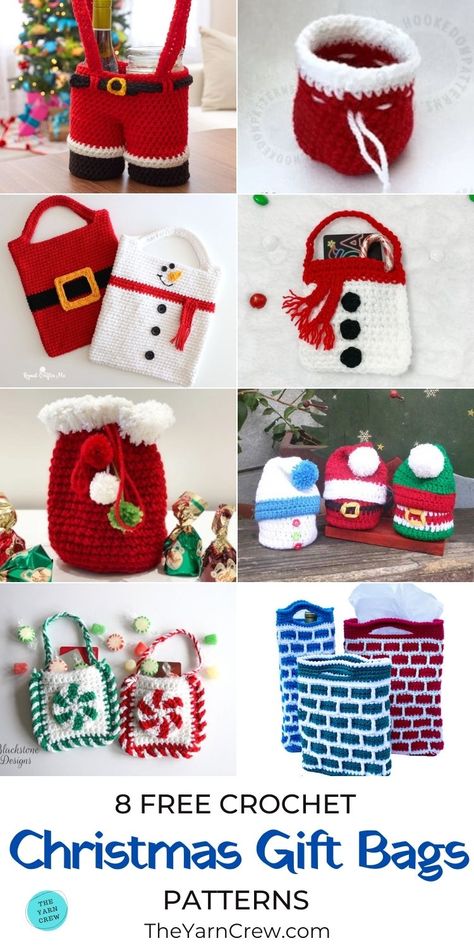 Crochet Treat Bags Free Pattern, Crochet Treat Bags, Crocheted Baskets, Crochet Christmas Stocking Pattern, Christmas Crochet Patterns Free, Free Christmas Gifts, Christmas Treat Bags, Crochet Christmas Stocking, Crochet Christmas Gifts