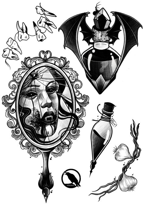 Vampire Theme Tattoo, Vampiric Tattoos, Vampire Pinup Tattoo, Vampire Flash Tattoo, Vampire Aesthetic Tattoo, Tattoo Portfolio Ideas Drawings, Dark Romance Tattoo, Vampire Tattoo Ideas, Vampire Tattoos