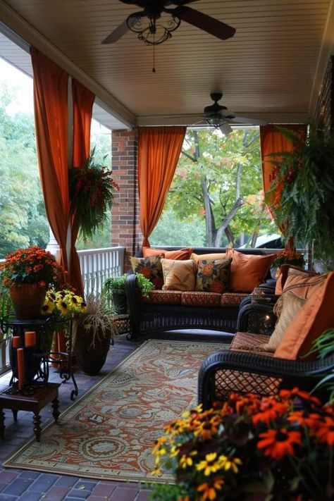 Fall Patio Decor, Harvest Ideas, Screened Porch Decorating, Outdoor Fall Decor, Porch Interior, Orange Blanket, Southern Porches, Porch Life, Porch Curtains