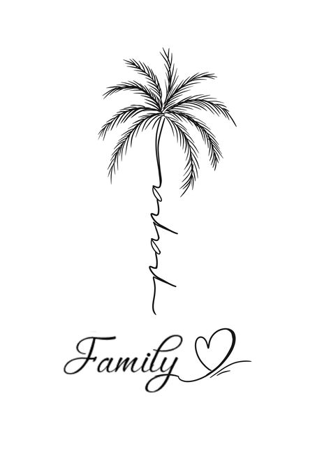 Palm Tree With Initials Tattoo, Palm Tree Design Tattoo, Palm Tree Tattoo With Names, Palm Tree Name Tattoo, Ohana Palm Tree Tattoo, Tree Heart Tattoo, Tattoo Palm Tree, Plumeria Flower Tattoos, First Tattoo Ideas