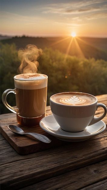 Photo a cup of coffee with the sun setti... | Premium Photo #Freepik #photo Cup Of Coffee Photography, Coffee Time Morning, 2 Cups Of Coffee, Morning Coffee Photography, Coffee Outside, Sunrise Coffee, Cafe Pictures, Barley Grass, Sunrise Art