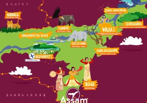 17 Interesting Facts About Assam | OhFact! Attractive Facts, Assam Culture Art, Rhino Species, Culture Of India, The Seven Sisters, India Poster, North East India, India Travel Places, Indian States