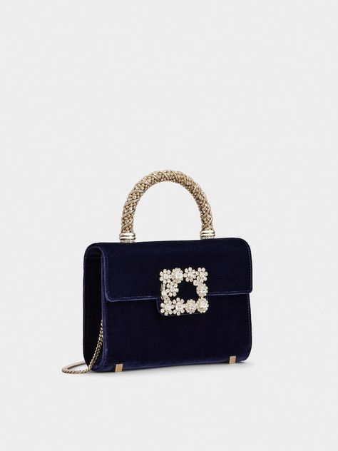 Flower Strass Jewel Buckle Mini Clutch Bag in Velvet Blue Woman RBWAMFC010002UPZ2890 | Roger Vivier Roger Vivier Bag, Roger Vivier Clutch, Blue Woman, Striped Bags, Velvet Color, Roger Vivier, 2023 Collection, Party Bags, French Fashion