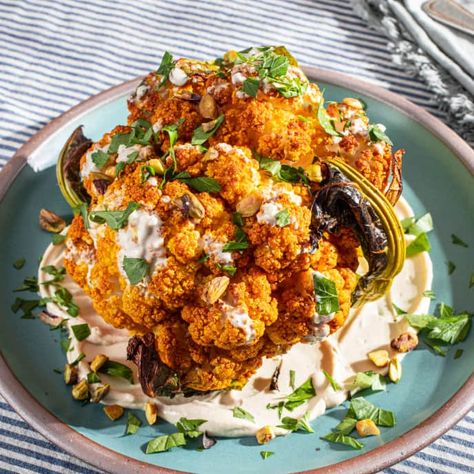 Grill-Roasted Whole Cauliflower with Tahini-Yogurt Sauce | America's Test Kitchen Recipe Roasted Cauliflower With Tahini Yogurt Sauce, Roasted Cauliflower With Tahini, Cauliflower With Tahini, Best Cauliflower Recipe, Whole Cauliflower, Pickled Cauliflower, Grilled Roast, America's Test Kitchen Recipes, Head Of Cauliflower