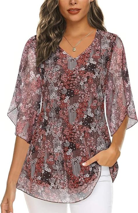 Viracy Plus Size Tops for Women, 3/4 Sleeve Dressy Tops for Evening Wear V Neck Flattering Wedding Guest Clothes Daily Casual Versatile Floral Chiffon Blouses, Khaki-3XL : Amazon.ca: Clothing, Shoes & Accessories Chiffon Tops For Women Floral, Business Casual Tops For Women, Groovy Clothing, Traveling Friends, Flowy Tunic Tops, Business Casual Top, Floral Chiffon Blouse, Flowy Tunic, Womens Tops Dressy