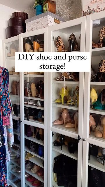 AYANA | RESELLER EDUCATOR on Instagram: "Turned a spare room into a walk in closet and of course has to figure out the most inexpensive way to store my@purses and shoes! @ikea Billy bookcases for the win. I ordered doors as well and changed out the knobs! What do you think? Is it a win? #thriftingdivas" Purse Shoe Closet, Billy Bookcase Shoes, Ikea Billy Shoe Storage, Ikea Purse Storage Ideas, Billy Shoe Storage, Billy Bookcase Shoe Storage, Billy Bookcase With Doors, Garage Shoe Storage, A Walk In Closet