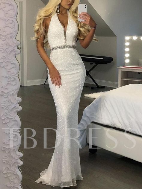 Halter Beading Sequins Evening Dress 2019 Prom Dresses Long White, White Prom Dress Mermaid, Debs Dresses, Prom Dress Halter, Prom Dress Mermaid, White Evening Gowns, Deb Dresses, White Mermaid, Prom Dresses Long Mermaid