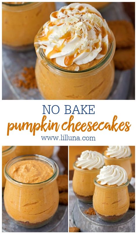 Individual No Bake Pumpkin Cheesecakes are easy and perfect for the holidays!! Crushed gingersnaps fill the bottom of each jar, layered with a mixed pumpkin puree, and topped with Whipped Cream and caramel! #nobakepumpkincheesecakes #pumpkincheesecakes #cheesecake #pumpkin #fall #nobakecheesecakes Easy Recipes With Cool Whip, No Bake Pumpkin Cheesecake Recipe, Pumpkin Mason Jar Dessert, Pumpkin Cheesecake Cups No Bake, Pumpkin Pie In A Jar Recipe, Jello No Bake Pumpkin Cheesecake, Pumpkin Spice Cheesecake Cups, Pumpkin Cheesecake Shake, Pumpkin Cheesecake In Mason Jars