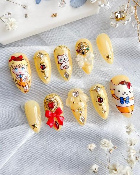 Angel Nails, Korean Nail Art, Anime Nails, Japanese Nail Art, Korean Nails, Kawaii Nails, Sailor Venus, Girls Nails, Glitter Gel