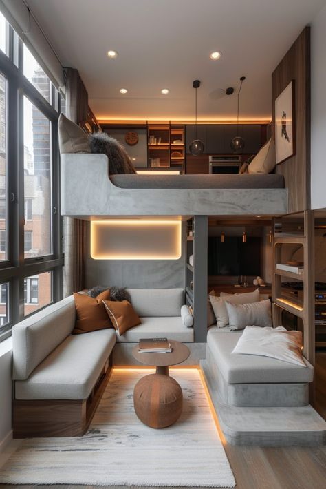 29 Studio Apartment Decor Ideas to Refresh Your Space 23 Futuristic Studio Apartment, Cool Apartments Modern, Small Living Space Ideas Studio Apt, Futuristic Style Interior Design, Smart Apartment Ideas, Efficiency Apartment Ideas, Tech Apartment, Open Space Apartment, Luxury Studio Apartment