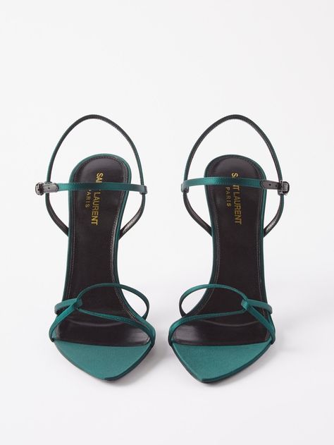 Green Clara 110 satin sandals | Saint Laurent | MATCHESFASHION US Saint Laurent Heels, Pretty Heels, Flipagram Instagram, Satin Sandals, Dr Shoes, Green Heels, Fancy Shoes, Cute Heels, Girly Shoes