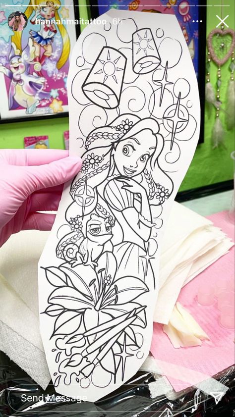 Tangled Sleeve Tattoo, Disney And Flower Tattoo, Neotraditional Disney Tattoo, Repunzal Tangled Tattoos, Disney Chest Tattoo, Disney Characters Tattoos Sleeve, Disney Knee Tattoo, Disney Princess Sleeve Tattoo, Disney Sleeve Tattoo For Women