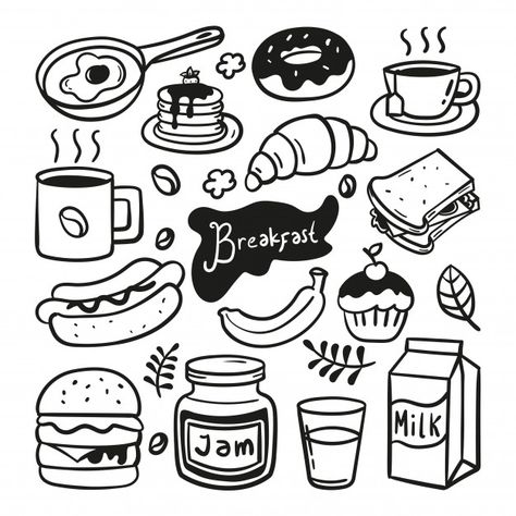 Breakfast Food Doodles, Breakfast Drawing Easy, Cute Doodles Food, Breakfast Illustration Food, Food Doodle Art Illustrations, Brunch Doodle, Cereal Doodle, Food Doodles Easy, Doodle Art Food