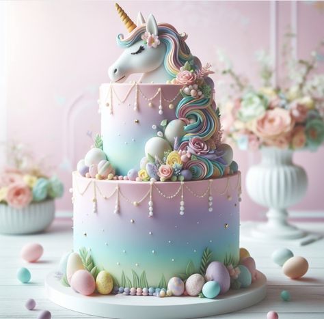 Unicorn Pasta, Unicorn Cake Design, Unicorn Birthday Party Cake, Cake Themes, Fairy Birthday Cake, Butterfly Birthday Cakes, 6th Birthday Cakes, Three Tier Cake, Luxury Cake