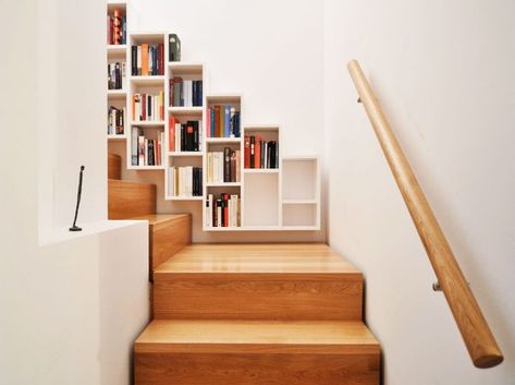 50 Creative Ways To Incorporate Book Storage In & Around Stairs Bookcase Stairs, Staircase Bookshelf, Wall Hanging Bookshelf, Stair Bookshelf, Staircase Shelves, Contemporary Wall Shelf, Stair Shelves, Hanging Bookshelves, Staircase Landing