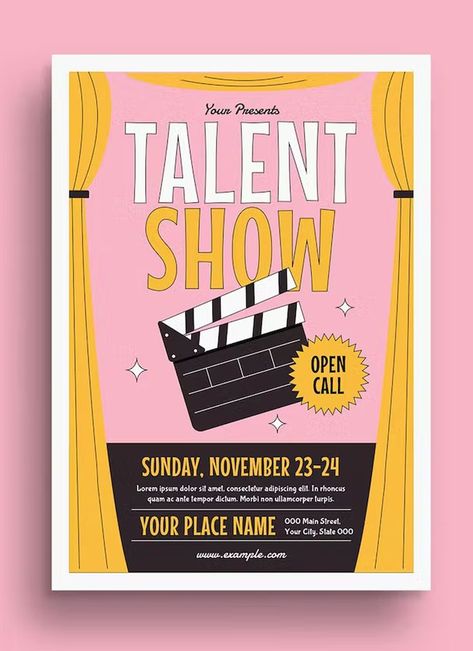 Theatre Workshop Poster, Talent Show Graphic Design, Invitation Poster Events, Show Card Design, College Event Poster, Talent Show Poster, Event Poster Ideas, Talent Show Flyer, Retro Event