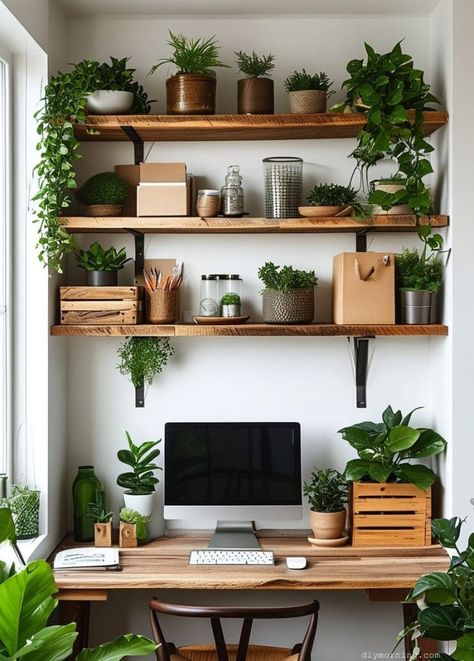 Reclaimed Wood Shelves: 50+ Stunning Ideas for Eco-Friendly Home Decor - Upcycled Around Town Study Wall Shelves, Reclaimed Wood Shelving, Office Floating Shelves Above Desk, Floating Shelves Over Desk, Office Wall Shelf Ideas, Homemade Bookshelf, Wizard Study, Aesthetic Shelves, Homemade Bookshelves