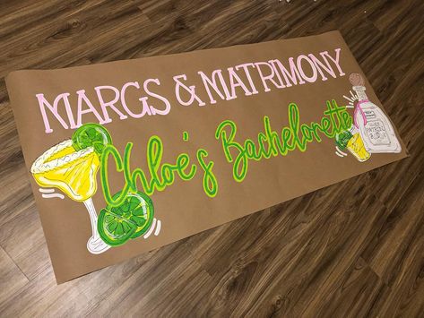 Love the green and pink combo✨💚🪩💗 Party Banners Diy, Brown Paper Banner Bachelorette, Bachelorette Banner Painted, Painted Graduation Banner, Bachelorette Banner Ideas, Hand Painted Banner, Diy Graduation Banner, Party Banner Ideas, Butcher Paper Banner