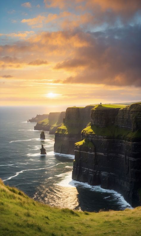 , #AI, #Iteration, #AD, #AI Ireland Cliffs, Scotland Aesthetic, Ireland Cottage, Mystical Places, Ireland Landscape, Cliffs Of Moher, Sunset Nature, Golden Light, Coastal Landscape