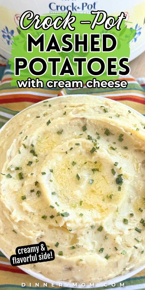 This easy side dish brings together creamy mashed potatoes with the subtle tang of cream cheese, all easily prepared in your slow cooker. Not only are these mashed potatoes a crowd-pleaser, but they're perfect for advance meal planning. Whip up a big batch, store them in freezer-safe containers, and have delicious, homemade mashed potatoes ready to reheat whenever you need a comforting, flavorful side for any meal. Mashed Potatoes Recipe Cream Cheese, Mashed Potatoes With Cream Cheese, Crock Pot Mashed Potatoes, Potatoes With Cream Cheese, Crockpot Thanksgiving, Slow Cooker Mashed Potatoes, Potato Recipes Crockpot, Cooking Mashed Potatoes, Cream Cheese Mashed Potatoes