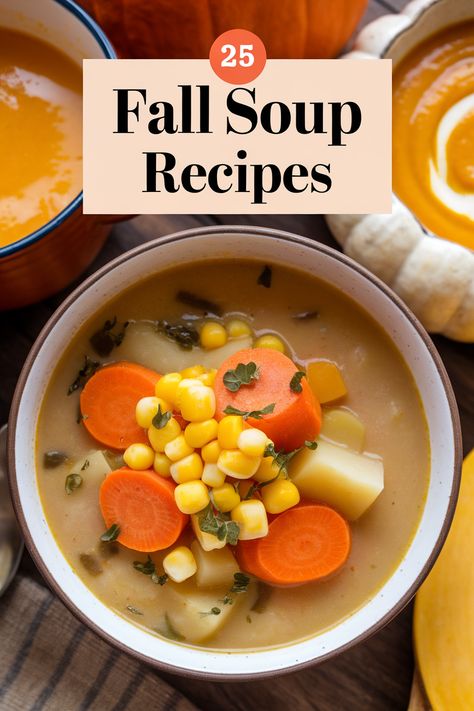 Fall soups and stews are a comforting staple during cooler months.  From creamy pumpkin soups to hearty lentil stews, these recipes showcase the rich flavors of autumn.  Explore 25 fall soups and stews for a variety of tastes and preferences. Fall Soups Crockpot, Vegan Squash Soup, Soups For Fall, Autumnal Recipes, Fall Soups And Stews, Chicken Chili Soup, Creamy Wild Rice Soup, Autumn Soup, Stews Recipes